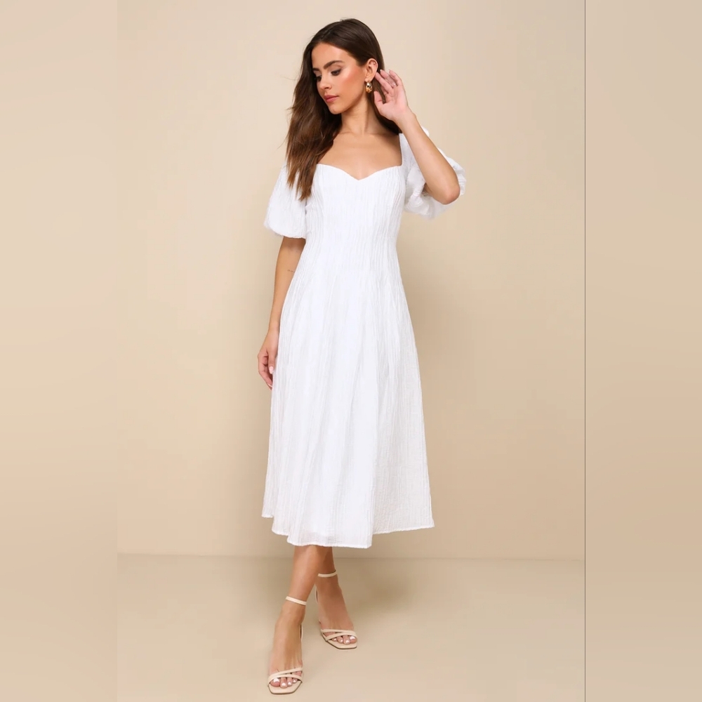 Lulus Heavenly Energy Textured White Puff Sleeve Midi Dress